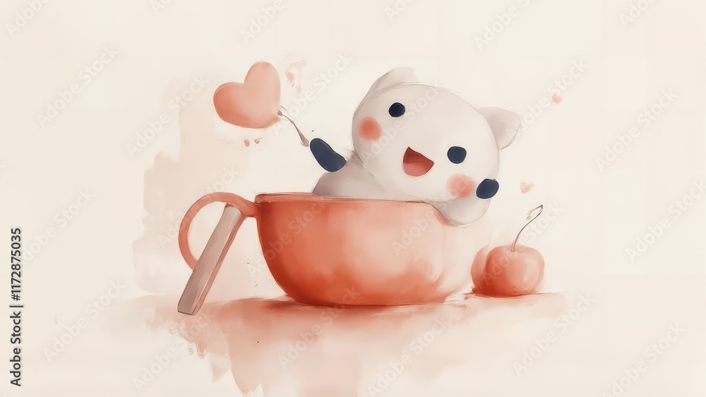 Cute cat painting heart in teacup, calm background. Cute cat painting heart in teacup, calm background.