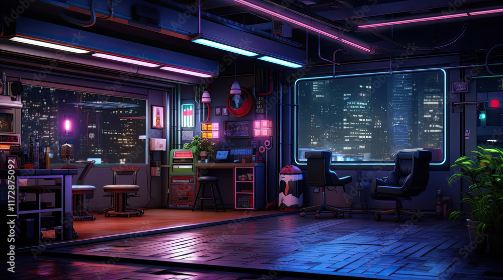 An illustration of a modern garage with neon lights