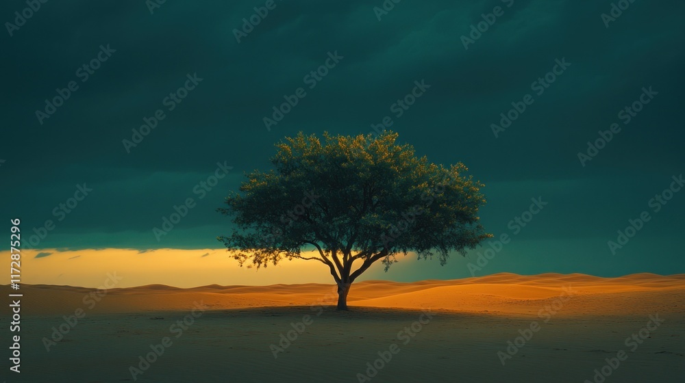 Obraz premium Serene Vintage Night Oasis in Desert Landscape with Dramatic Dark Clouds