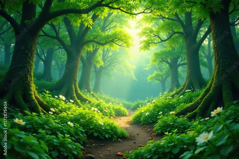 Naklejka premium Verdant foliage surrounds a serene forest glade, greenery, tranquility