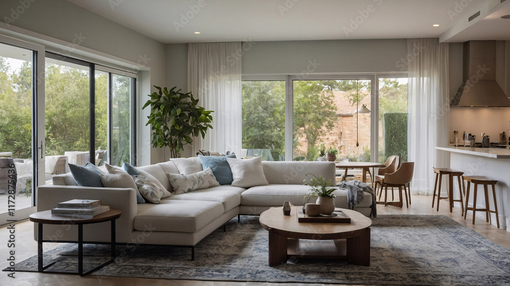 Fototapeta premium Cozy traditional rural living room with neutral sofa large windows and handwoven rug under furniture traditional interior design