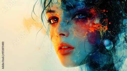 A captivating digital painting of a woman's face, featuring vibrant, abstract elements and a dreamlike atmosphere. impact of Huntington's disease on the brain, abstract photo