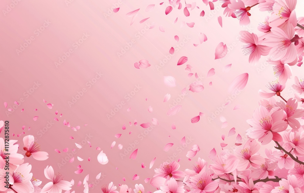 Cherry blossom petals flying through the air against a pink background illustration and copy space Cherry blossom petals flying through the air against a pink background illustration and copy space