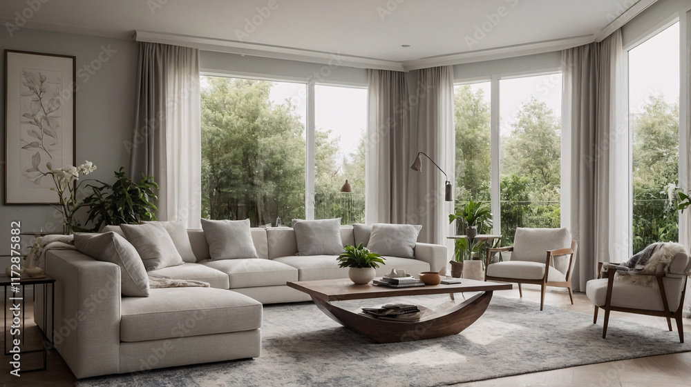 Fototapeta premium Elegant and timeless traditional rural home living room with neutral sofa large windows and a colorful rug beneath the furniture traditional interior design