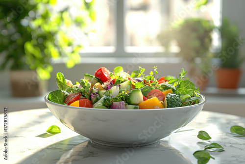 Fresh salad with tomatoes, cucumber, herbs and peppers in bowl on marble table