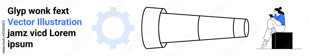 Person sitting, looking through a telescope with surrounding text and gear icon. Ideal for exploration, productivity, innovation, research, discovery, focus technology. Landing page Person sitting, looking through a telescope with surrounding text and gear icon. Ideal for exploration, productivity, innovation, research, discovery, focus technology. Landing page