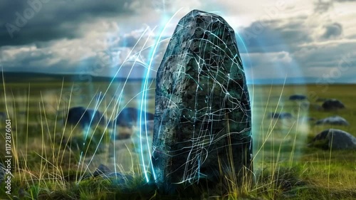 A mystical stone radiates energy and light, symbolizing ancient power and connection to the earth.