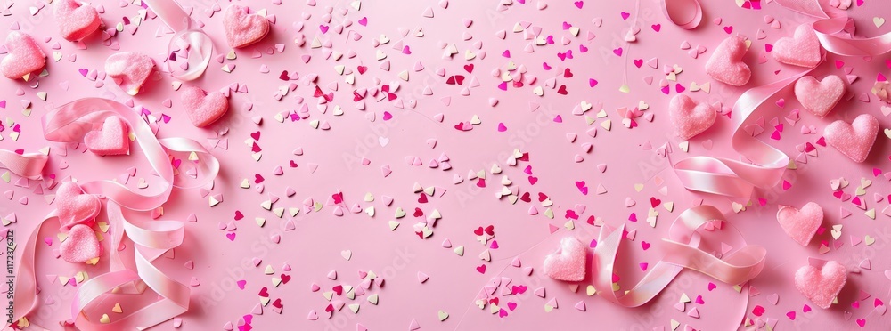 Delicate heart confetti and soft ribbons create a romantic atmosphere for celebrations and special moments Delicate heart confetti and soft ribbons create a romantic atmosphere for celebrations and special moments