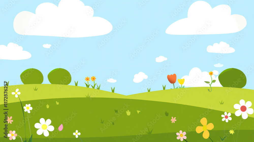 illustration cartoon simple meadow hill landscape blue sky and cloud flower summer time illustration cartoon simple meadow hill landscape blue sky and cloud flower summer time