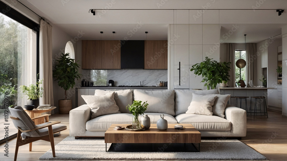 Fototapeta premium Elegant traditional rural home with neutral sofa large windows and luxurious rug under the furniture traditional interior design