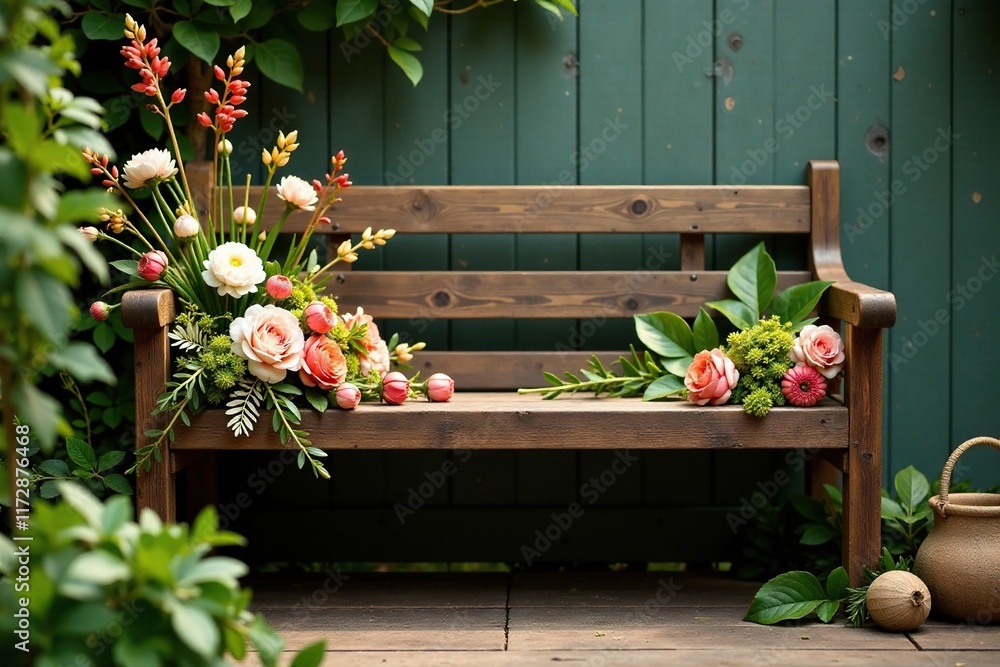 Fototapeta premium Wooden bench adorned with dried flowers and greenery, rustic decor, nature-inspired, floral accents