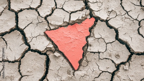 Cracked Soil with Bright Pink Shape in Center of Dry Earth photo