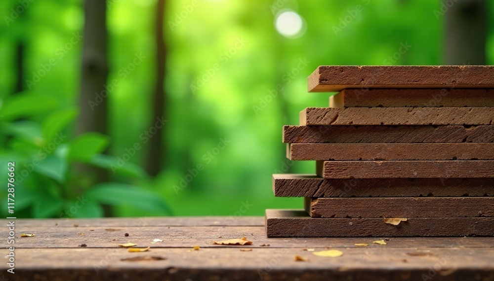 Fototapeta premium Wooden planks stacked vertically on a wooden base, forest, stack