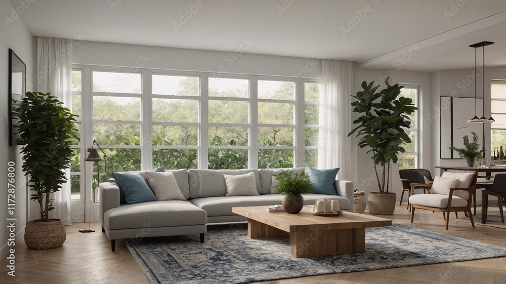 Fototapeta premium Inviting and peaceful traditional rural living room with neutral sofa expansive windows and soft rug beneath the furniture traditional interior design