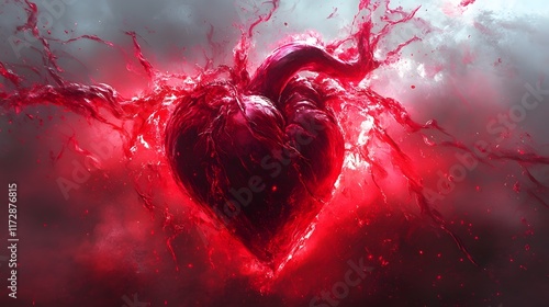 A vibrant digital painting of a heart engulfed in crimson liquid, radiating passion and power. heart and blood vessels under stress, abstract