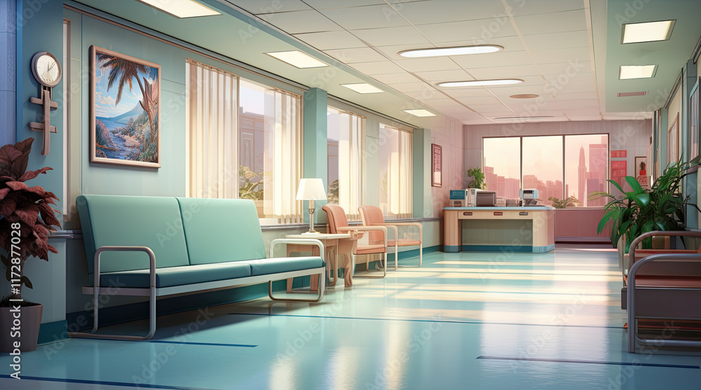 An illustration of a hospital lobby with a view of city buildings