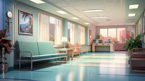 Obraz na płótnie An illustration of a hospital lobby with a view of city buildings w salonie