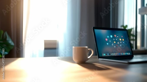 Wallpaper Mural Modern laptop displaying colorful social media icons sits on a desk in a cozy home office, suggesting remote work and digital communication in a comfortable setting Torontodigital.ca