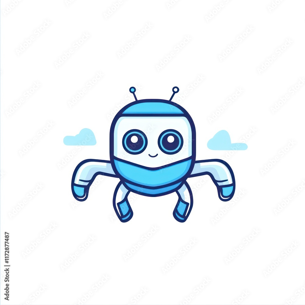 Fototapeta premium Cute Blue Robot Flying Through Clouds