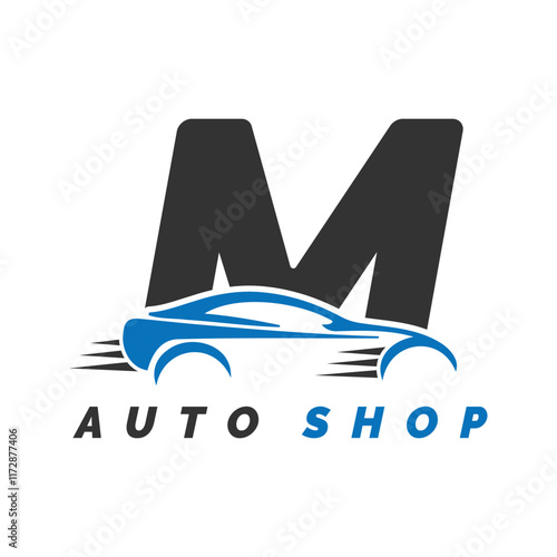 letter M logo auto mechanic with car style. Alphabet M automotive car design icon