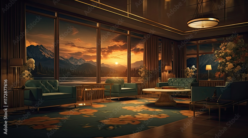 An illustration of a hotel living room with a mountains view at evening