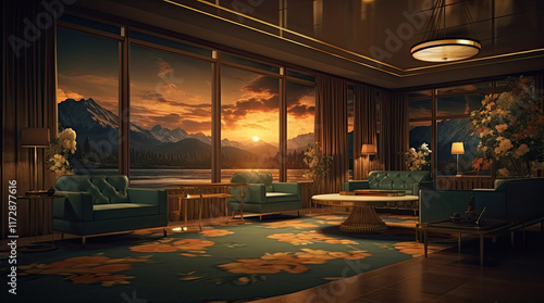 Obraz na płótnie An illustration of a hotel living room with a mountains view at evening w salonie