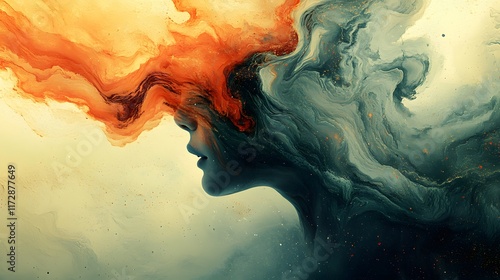 An abstract digital painting of a woman's face emerging from a vibrant blend of orange and teal colors. emotional rollercoaster of bipolar disorder, abstract