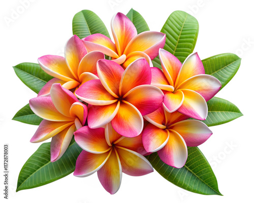 Cluster of Pink Frangipani Flowers with Leaves on Transparent Background
