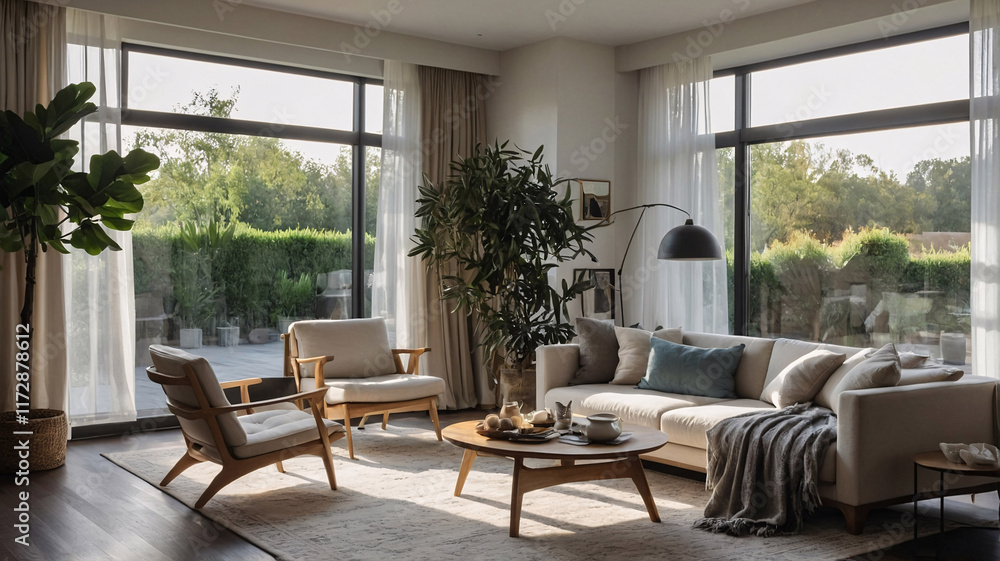 Relaxing traditional rural home with neutral sofa large windows and geometric rug under furniture traditional interior design Relaxing traditional rural home with neutral sofa large windows and geometric rug under furniture traditional interior design