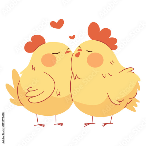 Flat vector illustration in a simple children's style. Cute hen and rooster in love. Illustration for valentine's day. Vector illustration