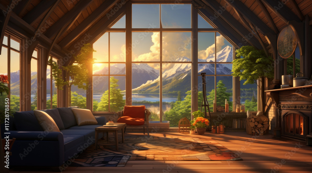 An illustration of a relaxing room in a house with a mountain view