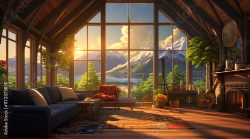 Obraz na płótnie An illustration of a relaxing room in a house with a mountain view w salonie