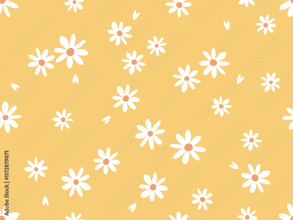 Retro seamless pattern with white small flower and flying petals on yellow background vector. Retro seamless pattern with white small flower and flying petals on yellow background vector.