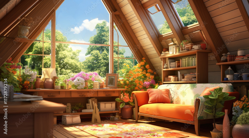 An illustration of a relaxing room in a house with a view of green trees