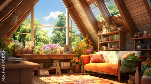 An illustration of a relaxing room in a house with a view of green trees