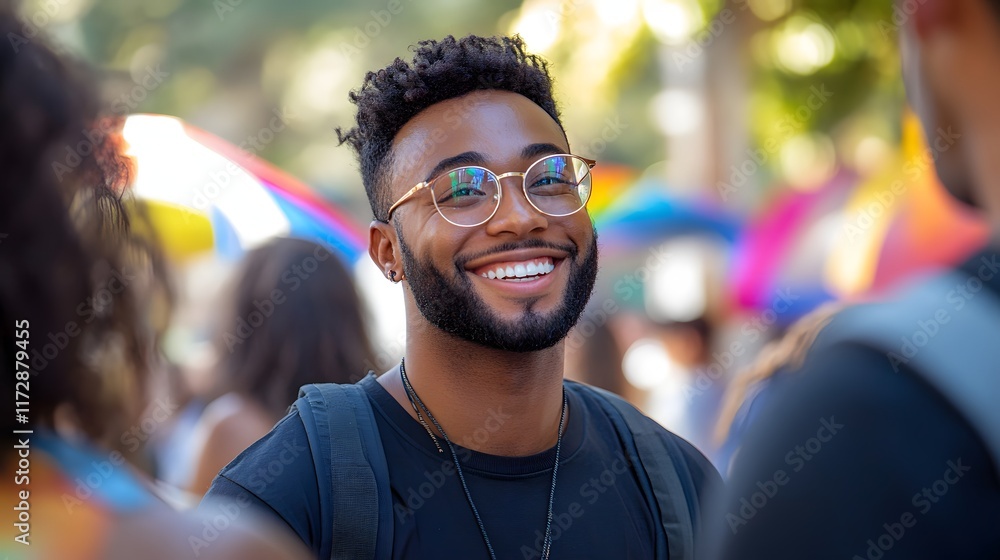 Fototapeta premium A smiling man with glasses enjoys a vibrant pride parade. He radiates happiness and positivity. A community gathering for HIV awareness