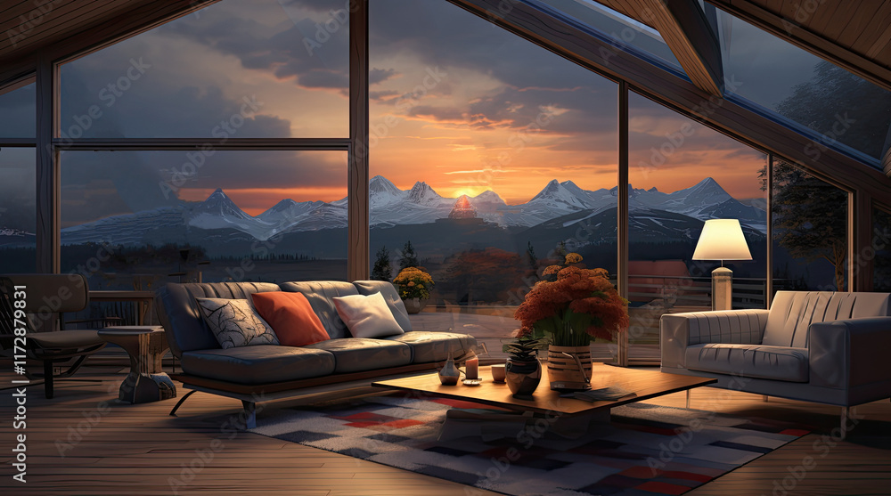 An illustration of a modern house relaxing room with a mountain view