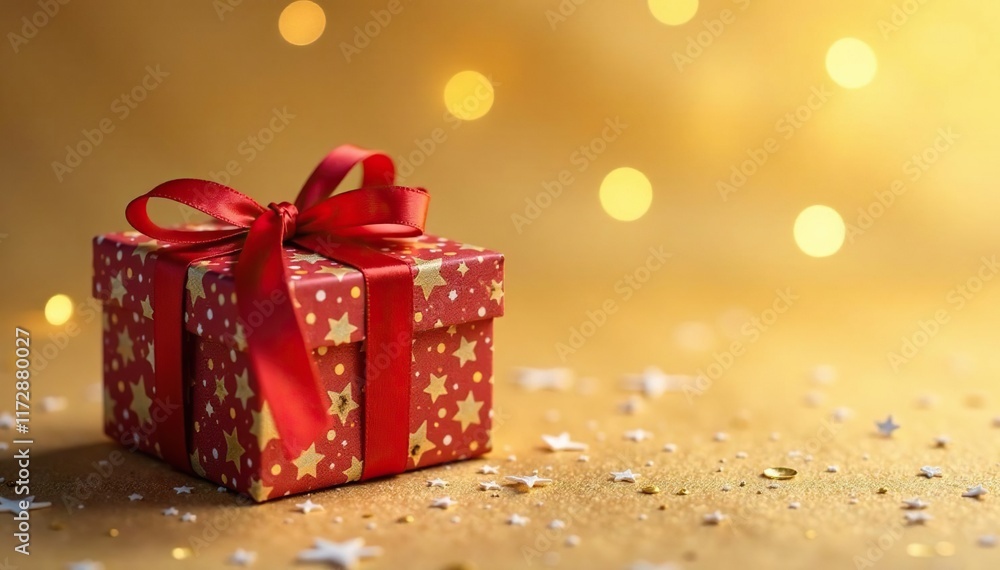 Obraz premium Winter gift box with red ribbon on festive gold background, box, holiday