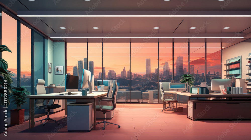 An illustration of a modern office room with a view of city buildings in the evening