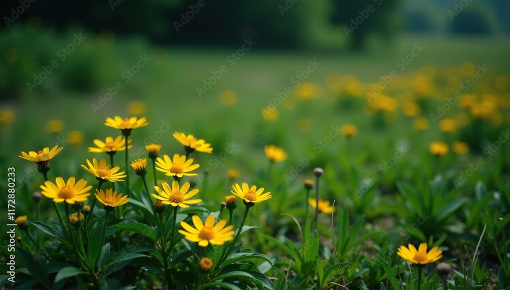 A dark landscape with scattered bright yellow wild flowers, countryside, spring blooms A dark landscape with scattered bright yellow wild flowers, countryside, spring blooms