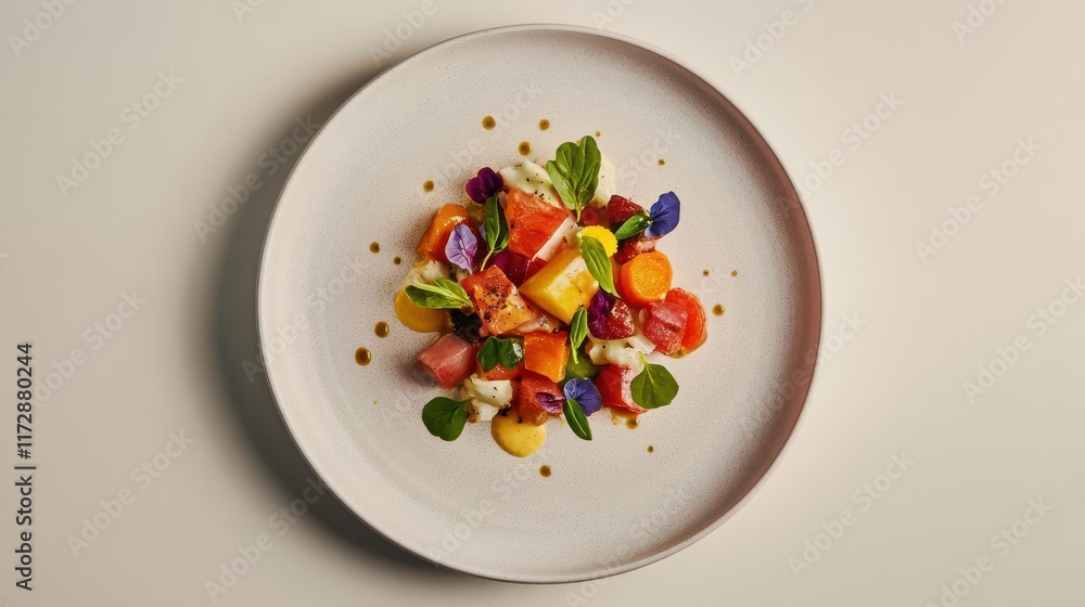 White table with artisanal dish on minimalist plate and taupe background White table with artisanal dish on minimalist plate and taupe background