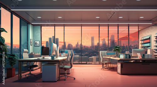 Obraz na płótnie An illustration of a modern office room with a view of city buildings in the evening w salonie