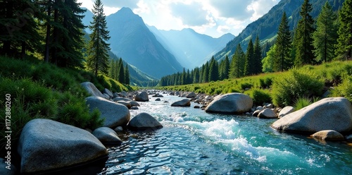 A river with stones and trees in the mountains, wilderness, landscape photo