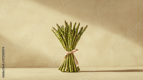 creative arrangement of asparagus spears resembling a bouquet, tied with a ribbon and placed on a neutral-toned surface 