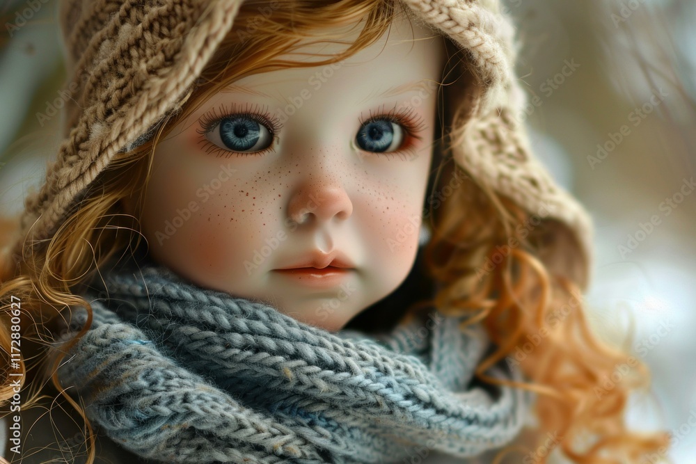 Beautiful doll with blue eyes, freckles, and red hair wearing a knitted hat and scarf Beautiful doll with blue eyes, freckles, and red hair wearing a knitted hat and scarf
