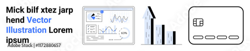 Business report with various graphs, analytics charts, and credit card representing financial data analysis, strategic planning, and economic presentation. Ideal for financial reports, corporate