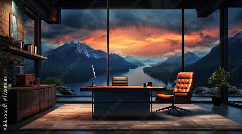 An illustration of a modern office room with a view of mountains and a river