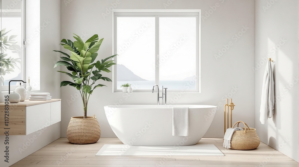 Fototapeta premium Minimalist bathroom with freestanding tub and indoor plant by a bright window