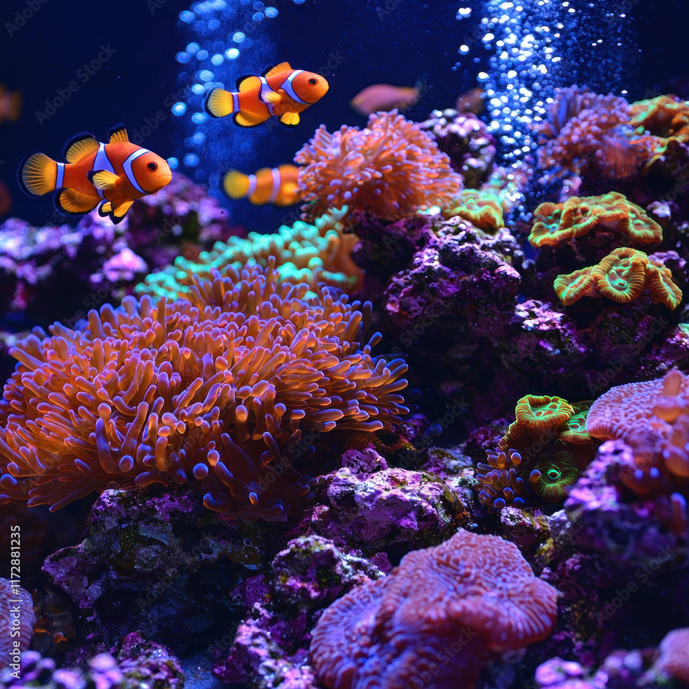 Fototapeta premium Clownfish swim among vibrant coral in aquarium with bubbles, ideal for aquatic backgrounds