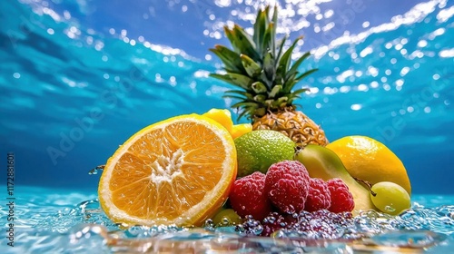 Fototapeta Naklejka Na Ścianę i Meble -  An underwater adventure featuring a platter of exotic fruits from around the world. High Quality